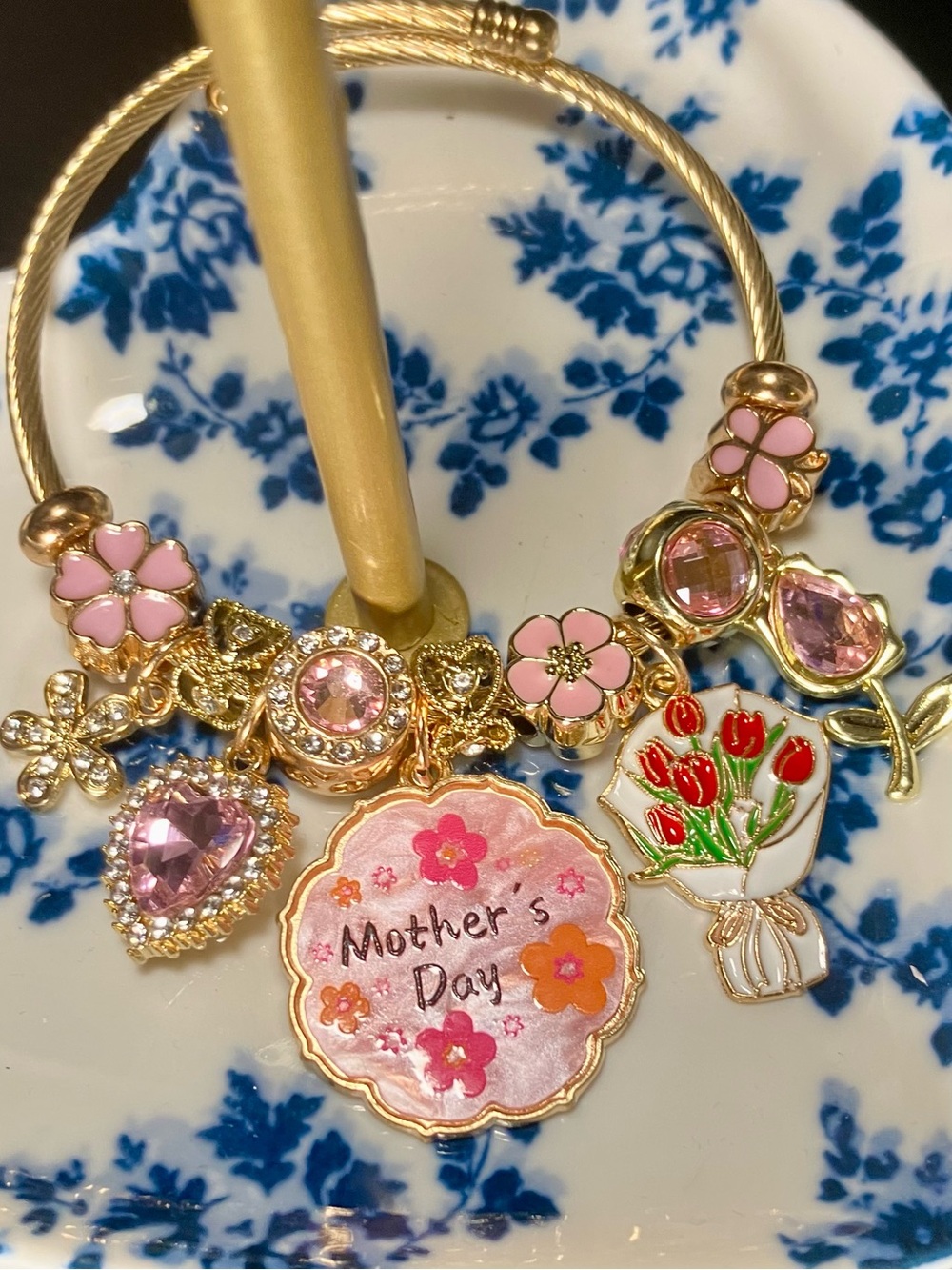 Mother's Day Pink Floral Charm Bracelet - Gold Tone